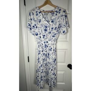 Ashley & Sage Blue White Floral Pleated Midi Dress V-Neck Belted 2XL BD1429P